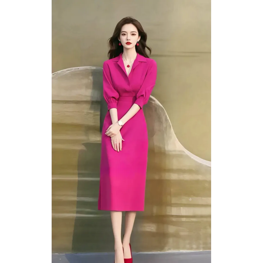 春气质名媛高端女神范高级感今年流行爆款多巴胺穿搭玫红色连衣裙