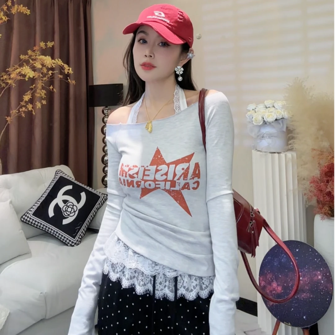 L.X~美式复古辣妹一字肩长袖T恤女春夏新款修身显瘦打底上衣6018