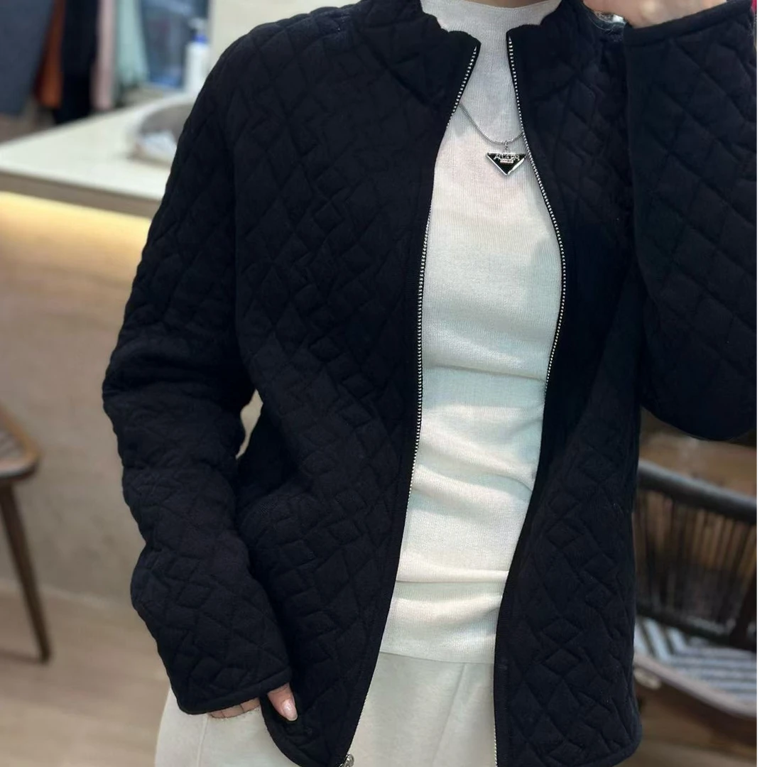 立领格纹羊毛宽松外套休闲百搭女士菱格