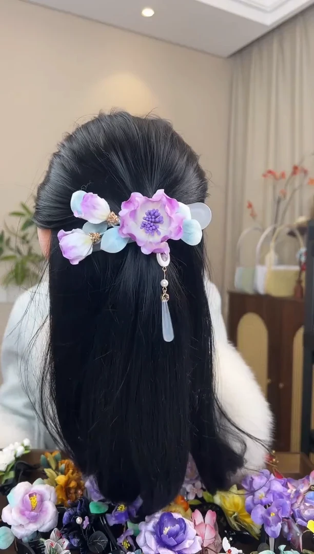 刺绣紫色绒花懒人夹