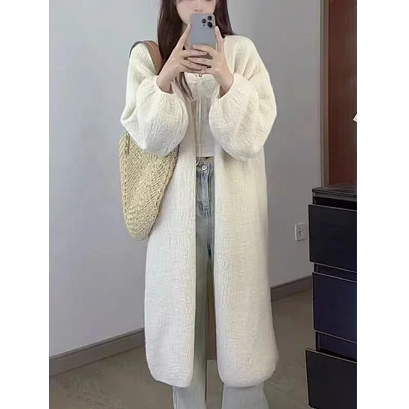 【加密加厚】2025秋冬新款泡泡袖长款针织外套毛衣开衫女慵懒风宽松