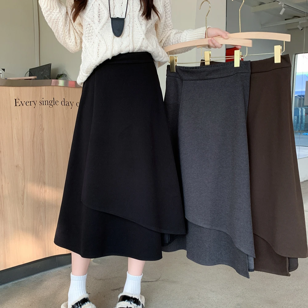 2024大码女装秋冬新款A字裙不规则高腰毛呢半身裙3085