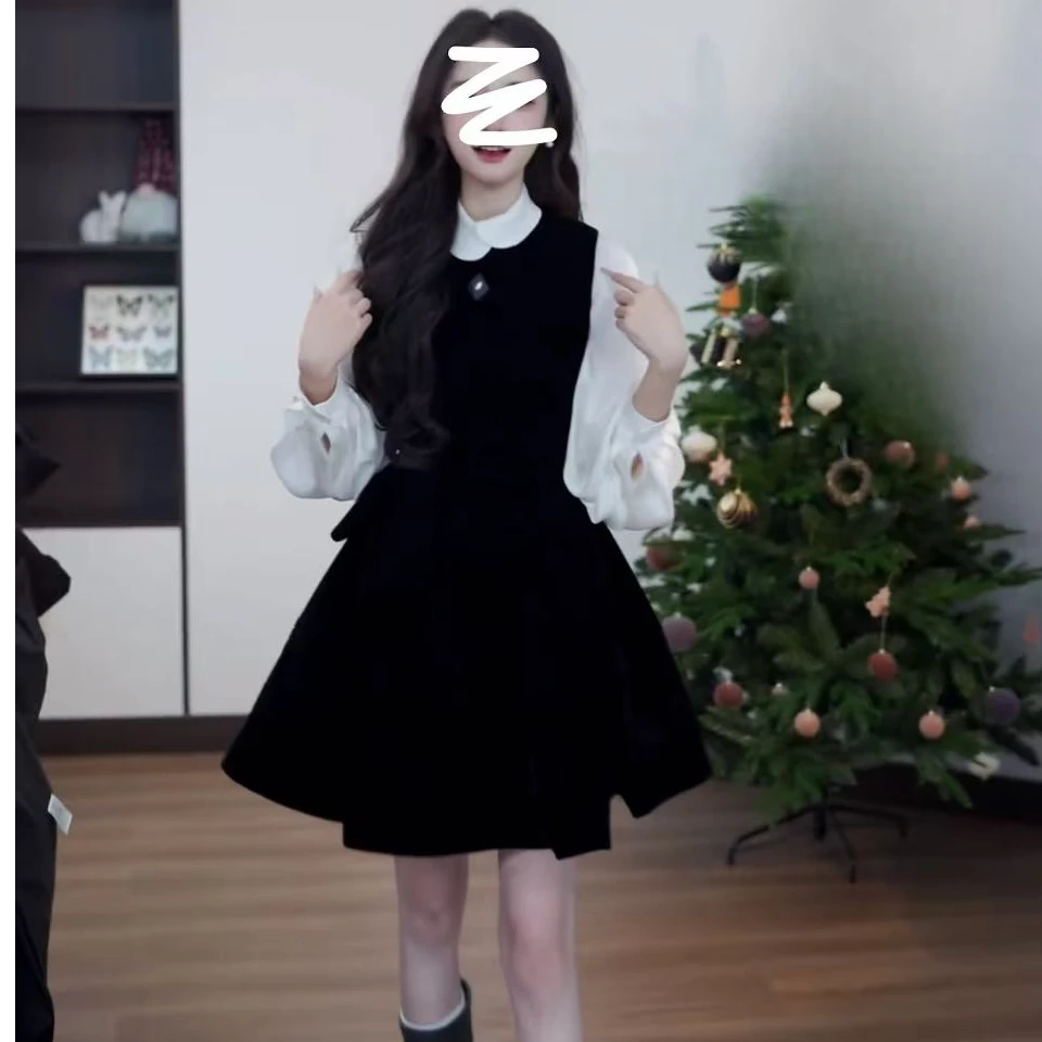 韩版秋冬法式复古公主千金风灯笼袖娃娃领衬衫丝绒A字背心裙套装