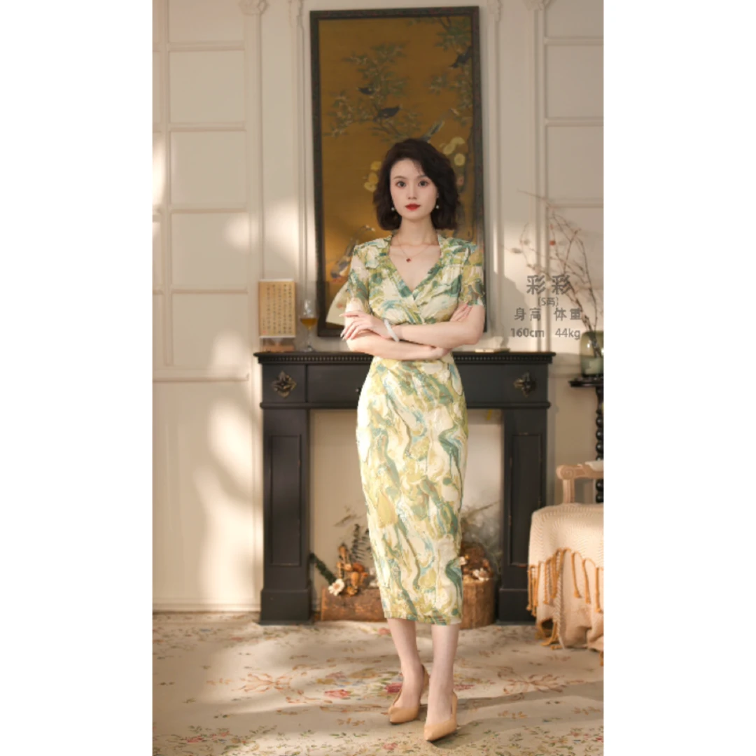 彩彩家【夏夜清风】花色复古夏天气质设计感显瘦遮肉优雅日常连衣裙