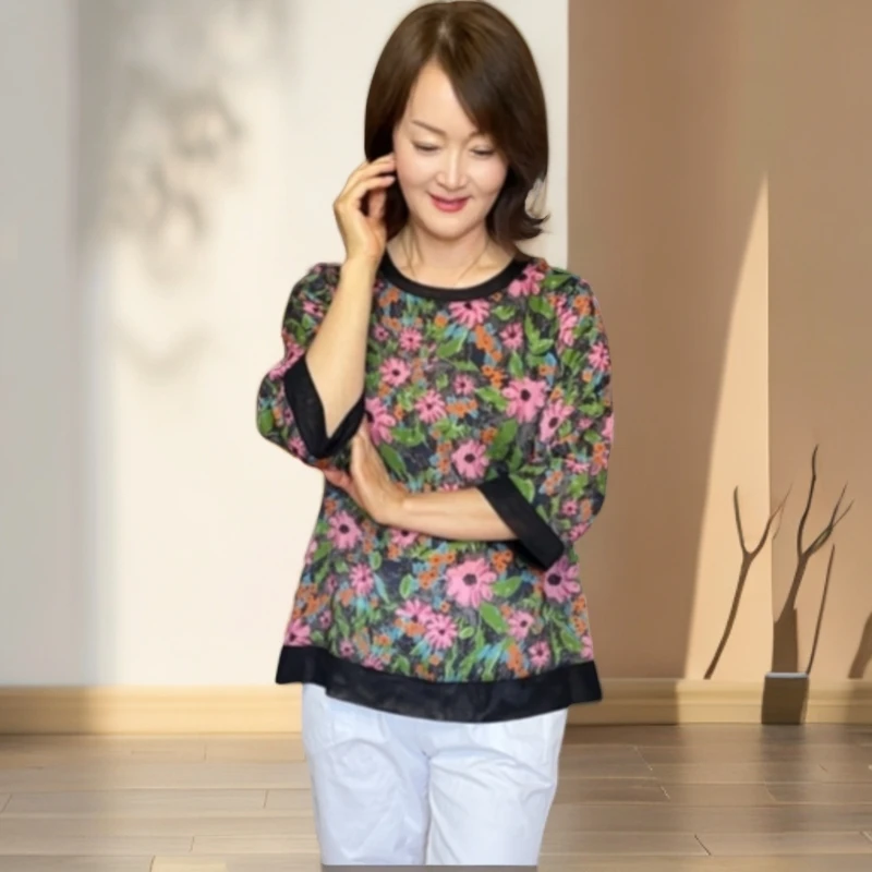 【延姐服饰2】2025新款韩国花朵拼接宽松透气女士上衣T恤