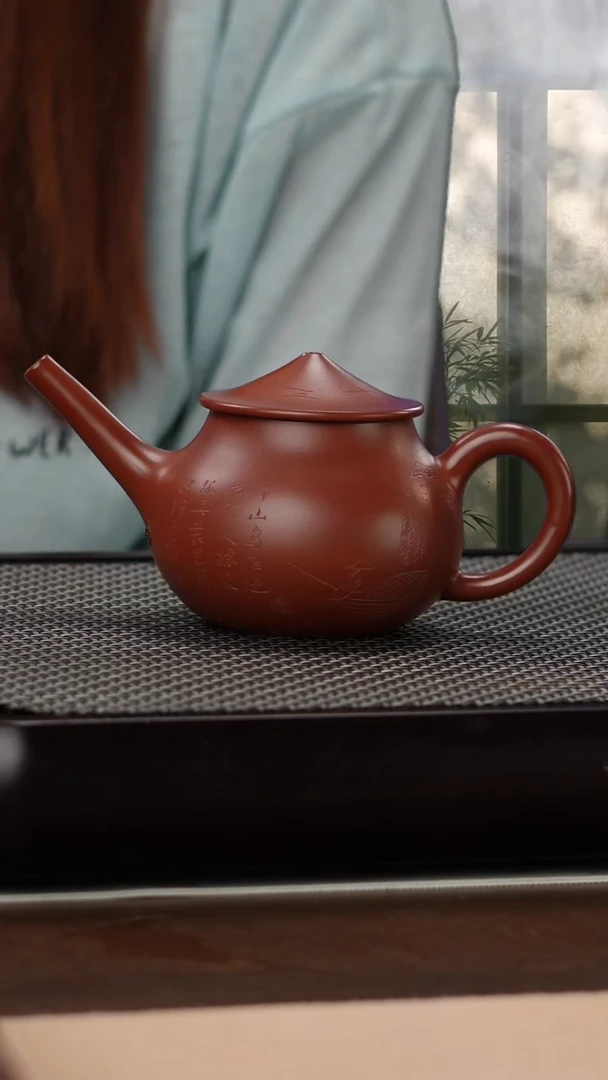 茶壶紫砂朱泥大红袍精工刻绘渔翁180cc