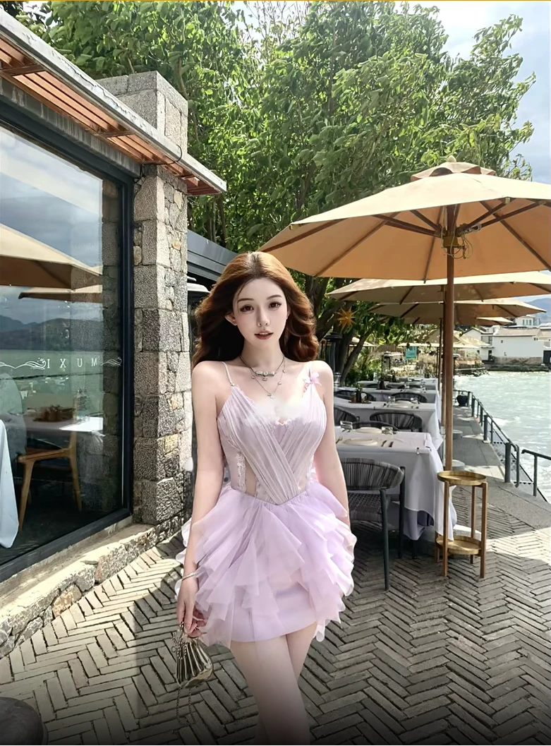 夏季新款浅紫色高级感吊带长裙复古设计感拼接网纱海边度假连衣裙