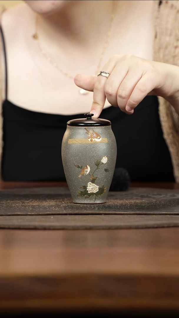 紫砂茶叶罐木盖豆青泥泥绘柿子佛手花生