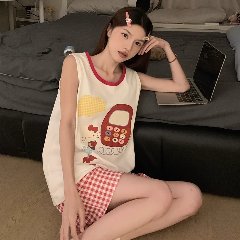 背心睡衣带胸垫女夏季薄款无袖可爱印花格子网红ins风短裤家居服