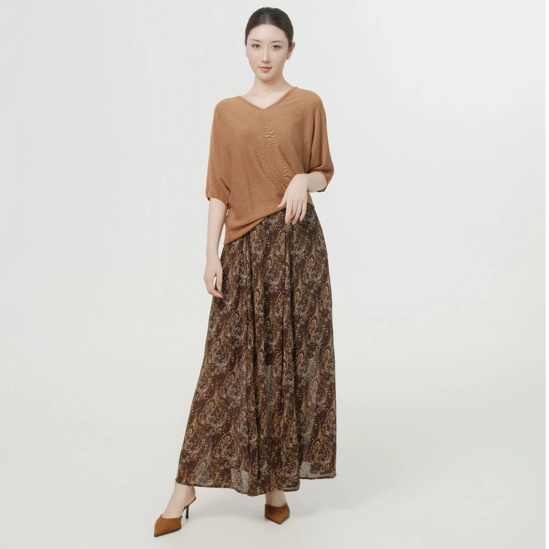 女通勤风不起球V领针织衫休闲+港风印染薄款半身裙