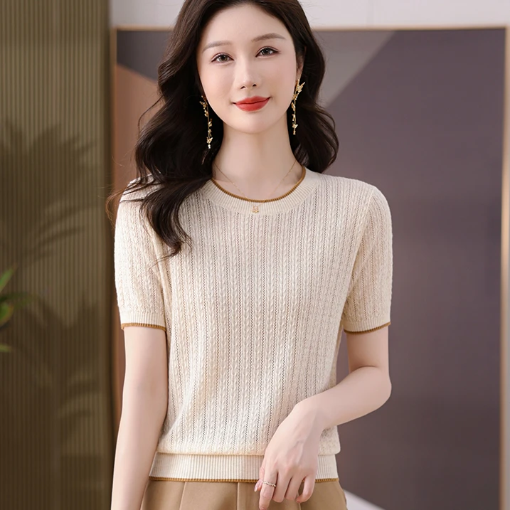 桑蚕丝女新款圆领夏季冰爽显瘦短袖打底衫洋气显瘦气质时尚女士