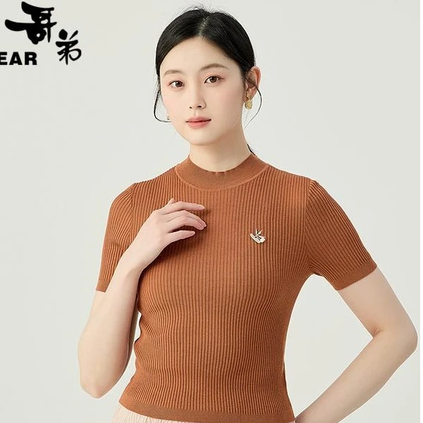 哥弟修身烟管领竖坑条短袖套头针织衫1399715冰丝