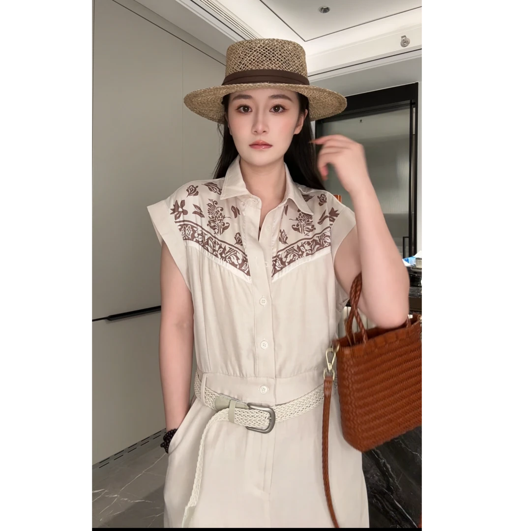 【DAIDAI私服】夏季设计感翻领收腰显瘦天丝亚麻连衣裙 DD3075