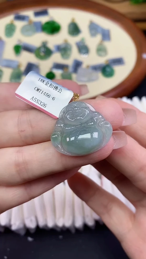 吊坠(不含链)18K金镶嵌翡翠佛公18K金扣镶嵌@@CMT1456-6