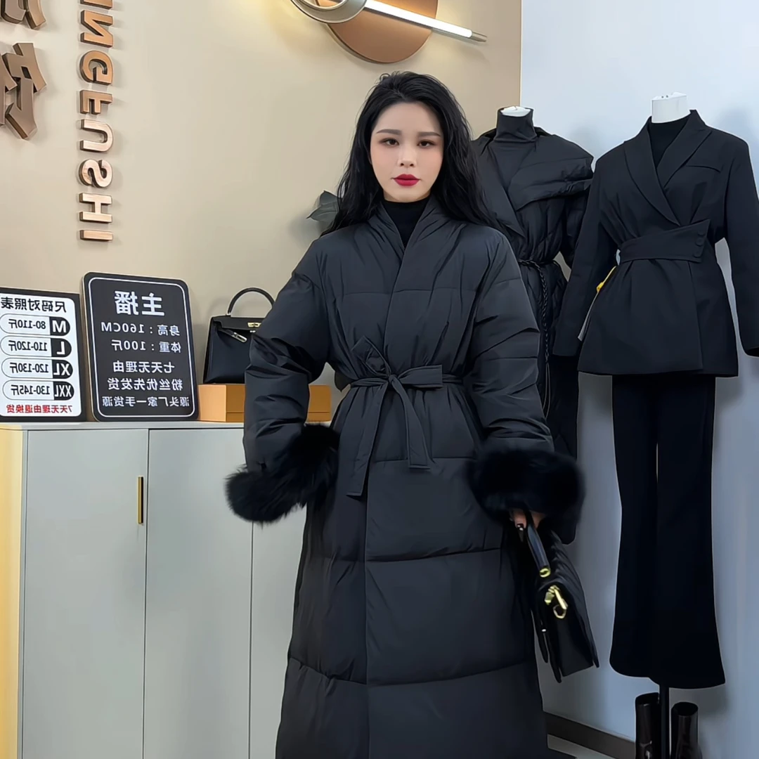 2025冬长款系带狐狸毛羽绒服