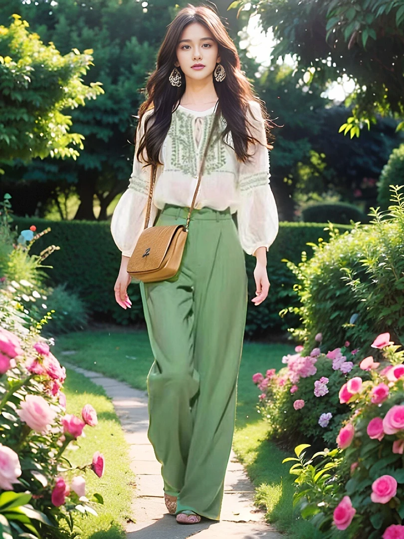 2025新款春季穿搭一整套时尚白色印花衬衫裤子减龄漂亮洋气套装女