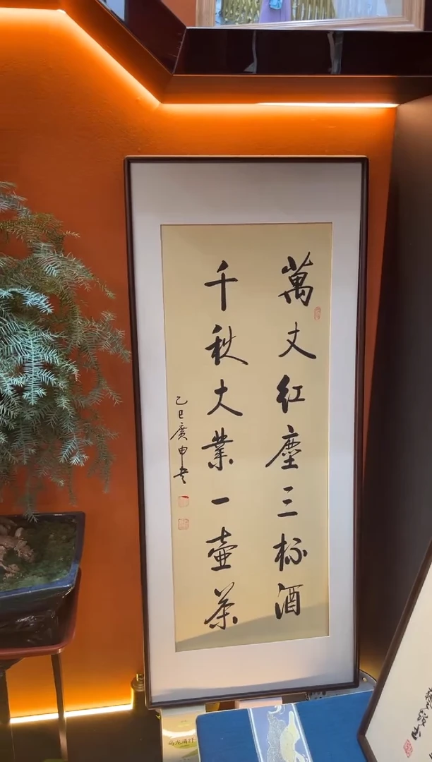 书法《万丈红尘三杯酒》（带框）148*48王老师亲笔书法字画作品