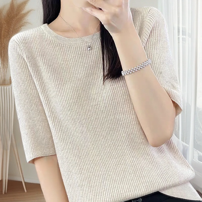 中袖针织衫薄款短款纯色t恤