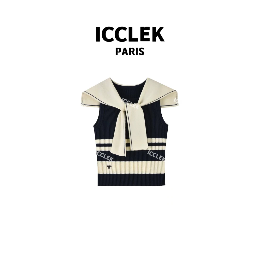 ICCLEK 条纹撞色海军领披肩针织背心时尚百搭显瘦气质上衣-2495
