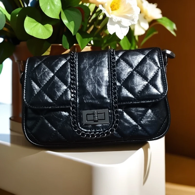 斜跨包时尚防盗链条包单肩小众真皮韩版斜挎包小香风黑色百搭轻奢