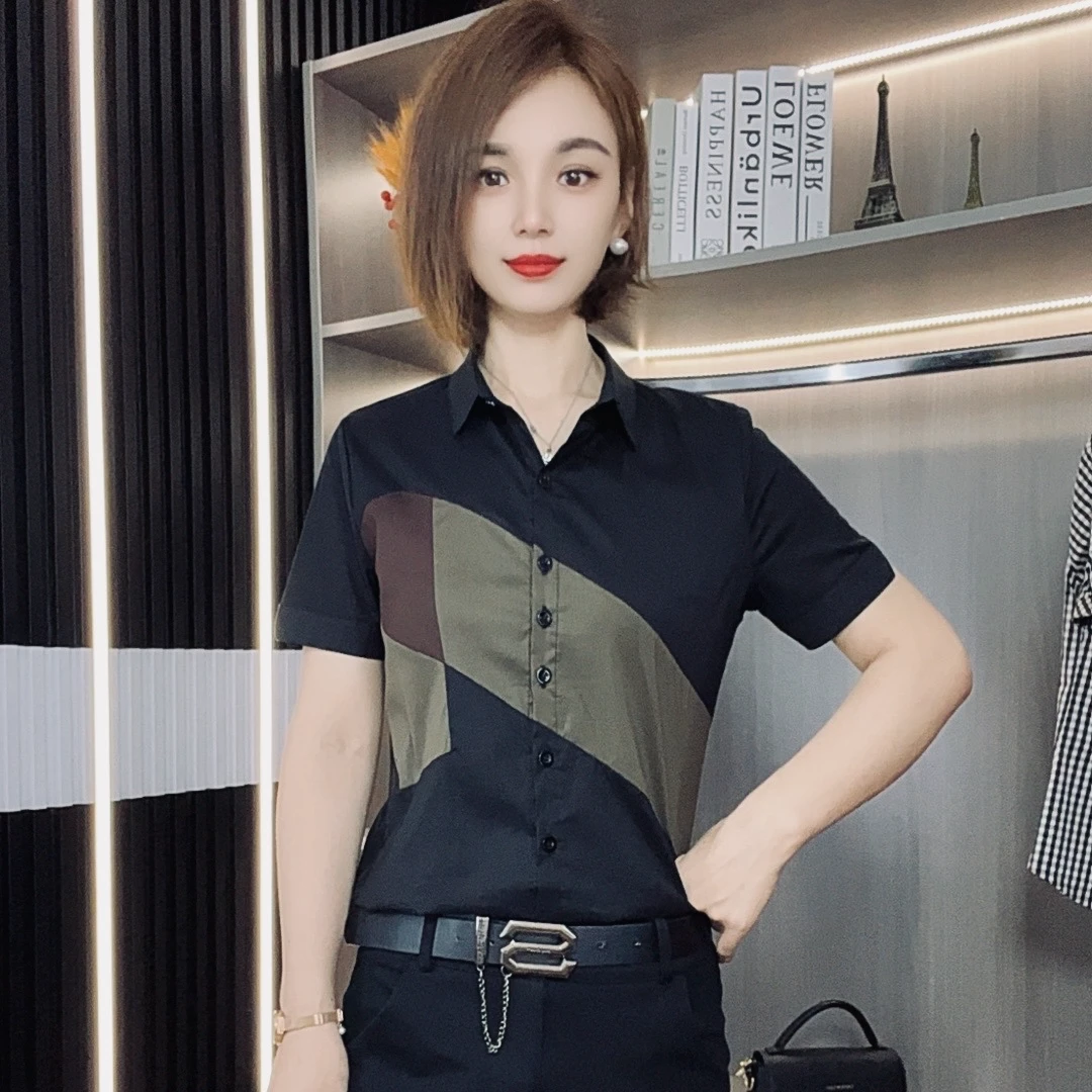 5141新款显瘦时尚拼接百搭夏季撞色修身休闲拼色潮流女装短袖衬衫