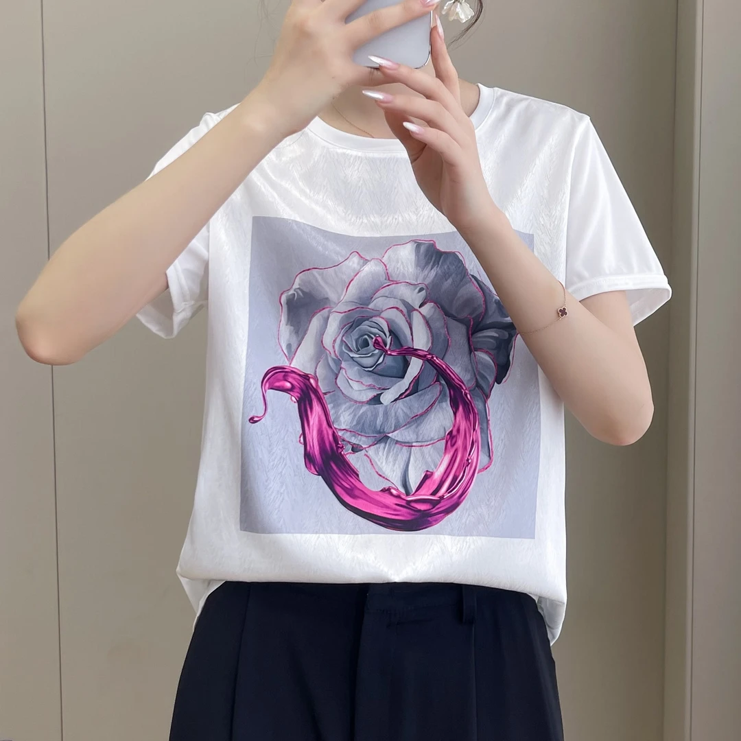 夏季丝滑缎面冰凉感百搭时尚印花休闲女T恤洋气AB拼接短袖1459