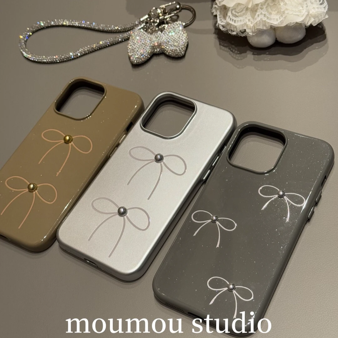 简约闪粉圆珠蝴蝶结适用苹果16手机壳iphone15小众14promax少女13