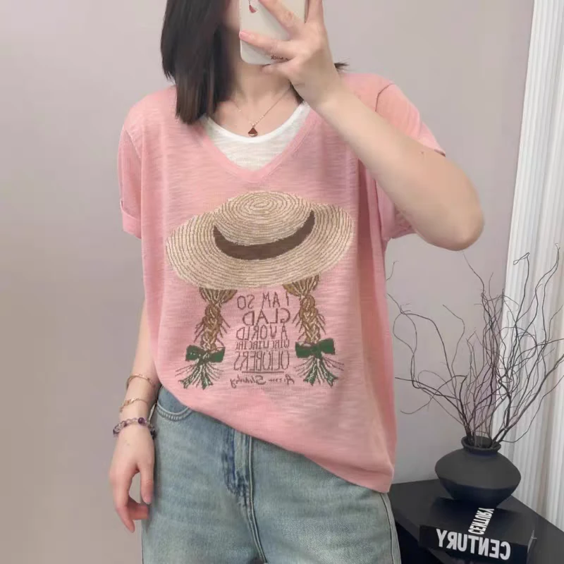 2025新款夏装假两件宽松短袖针织衫女帽子韩版夏薄款舒适草帽马尾