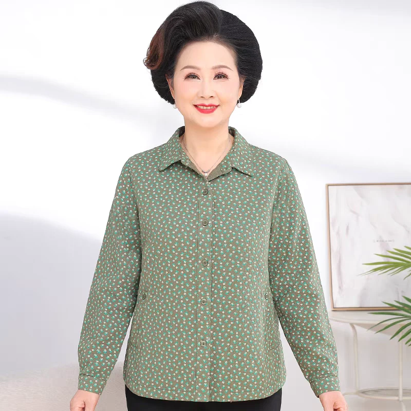 中老年印花衬衫女春装全棉妈妈装长袖上衣老太太宽松衣服洋气衬衣