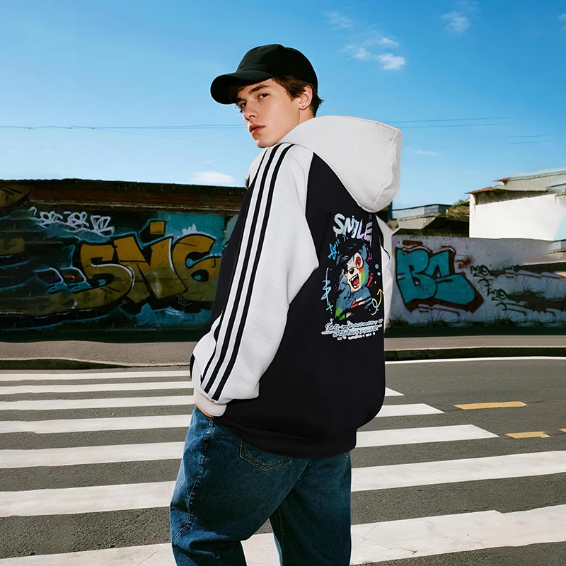 潮牌条纹印花连帽卫衣男士秋季2025新款宽松重磅情侣休闲时尚帽衫