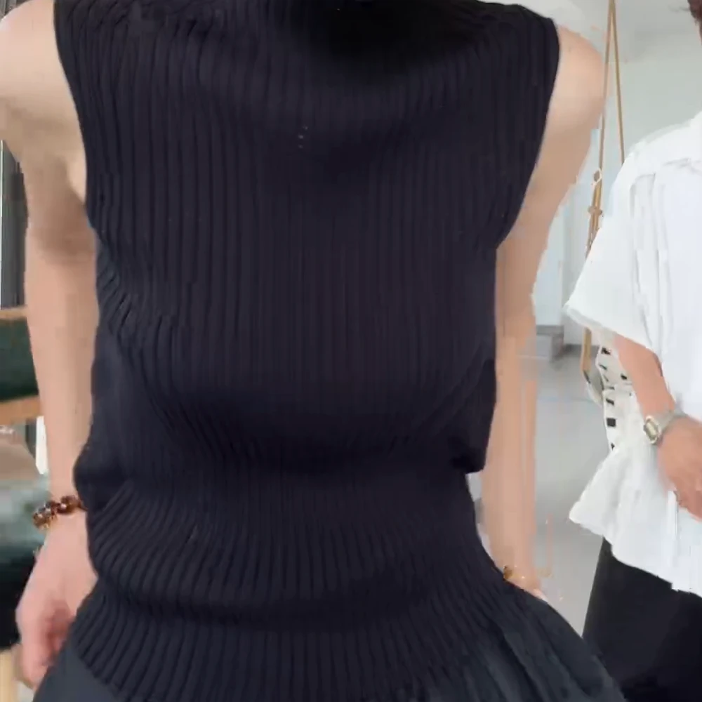 针织坎肩袖气质竖条纹黑色上衣C5603