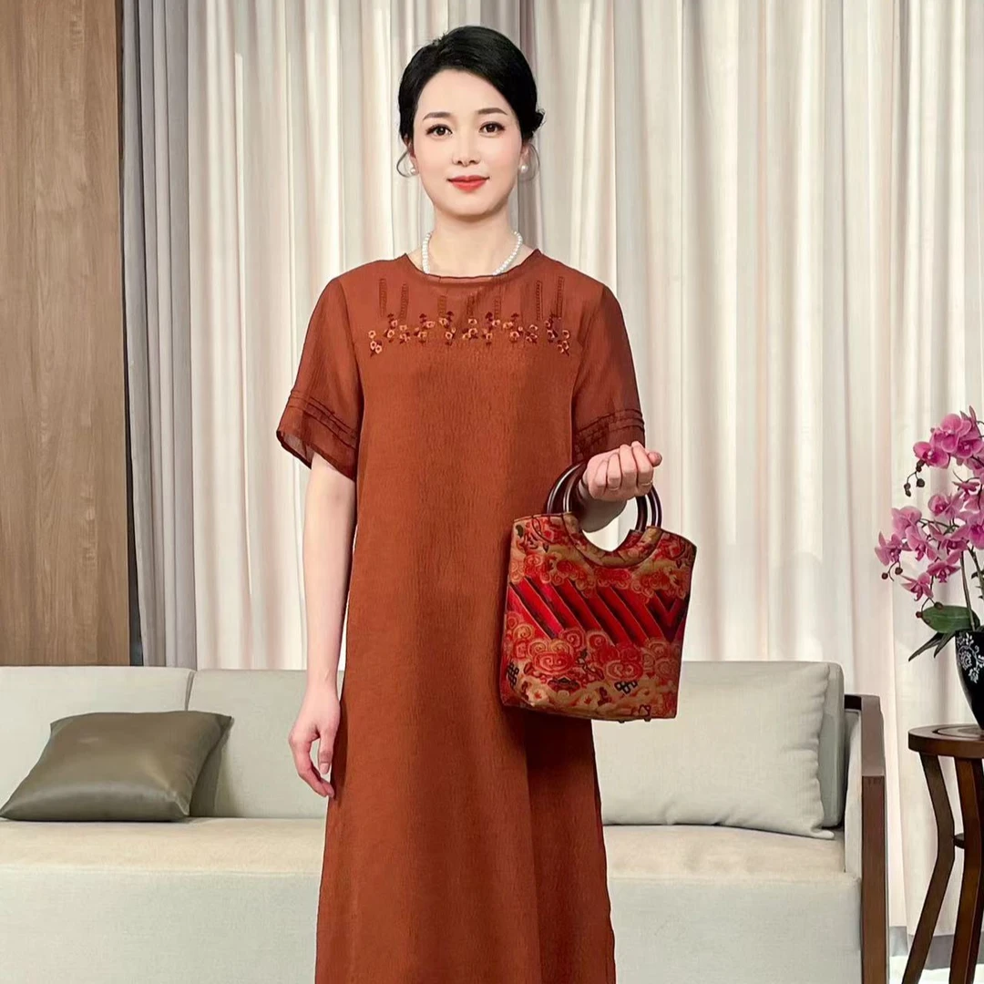 【售罄下架】蚕丝香云纱海浪纹国风红色木柄拉链手提包