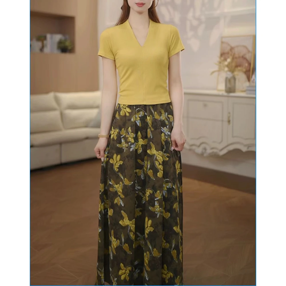 【浅浅】新款短袖夏季时尚V领上衣裙子套装50652