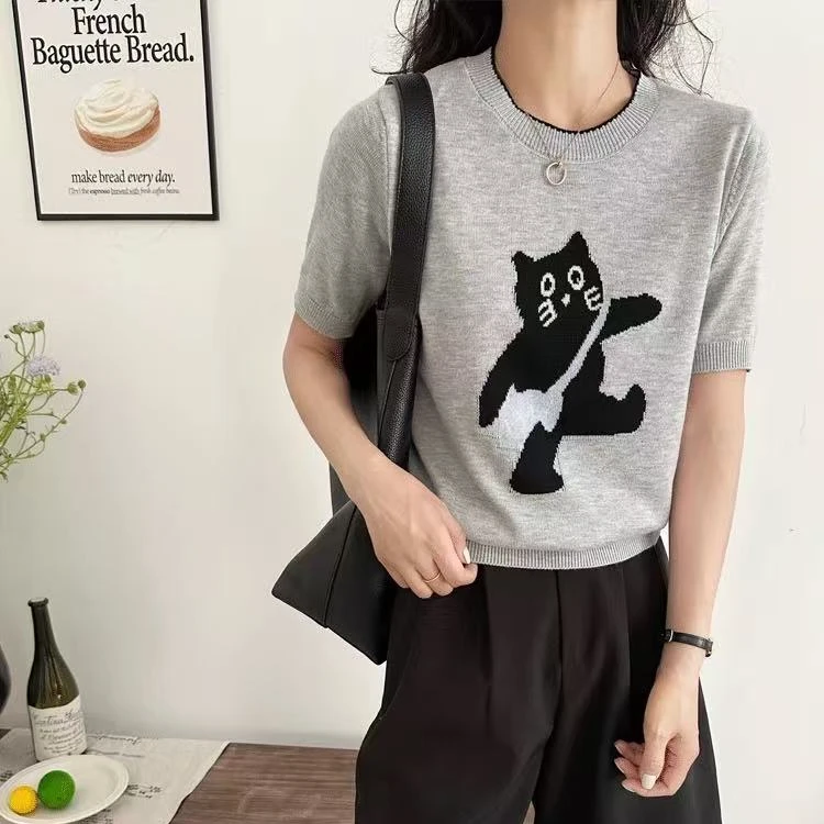 夏季圆领针织短袖T恤百搭休闲减龄半袖气质提花时尚显瘦圆领短袖