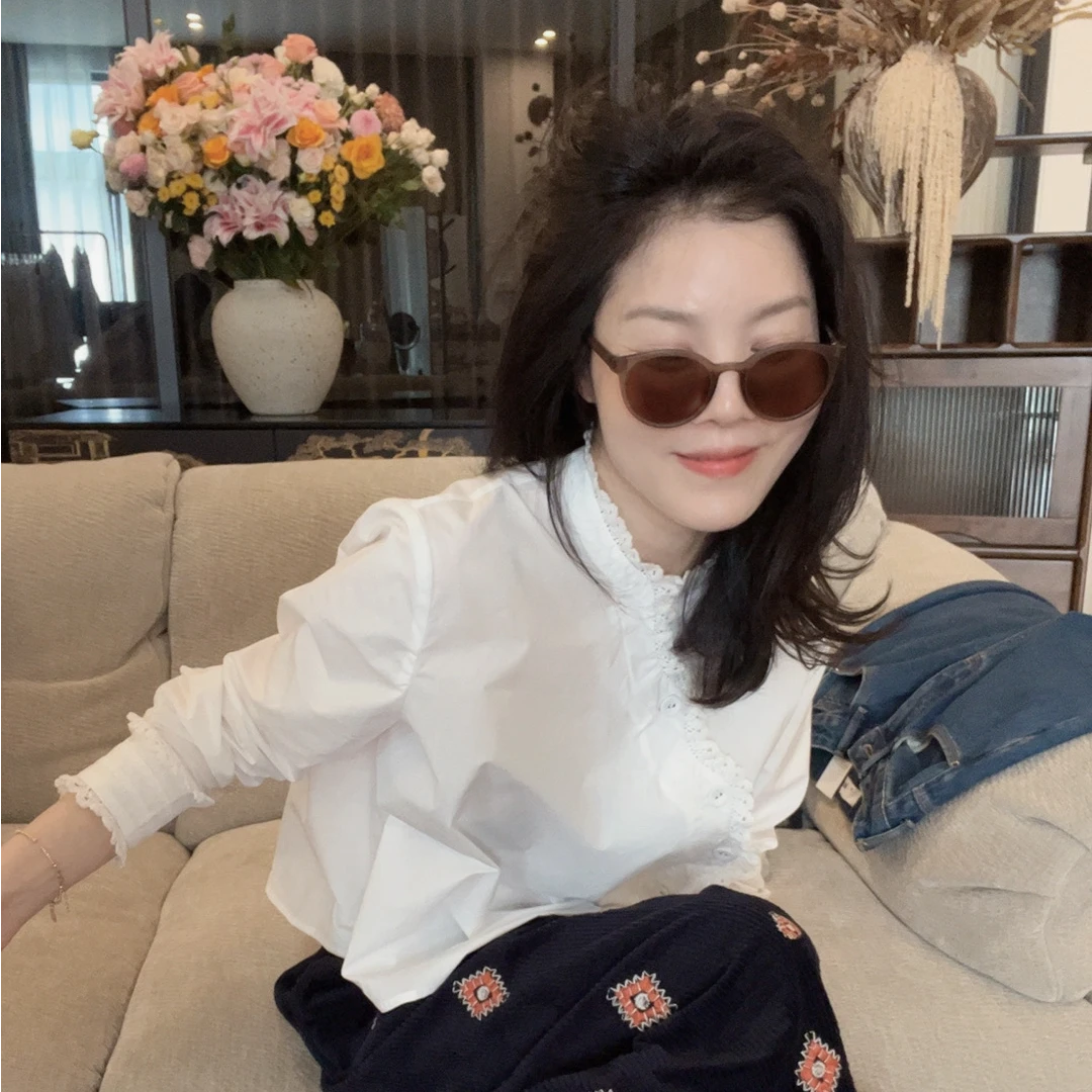 【悦悦专属】新款轻奢纯色小立领斜襟盘扣长袖衬衣Y763