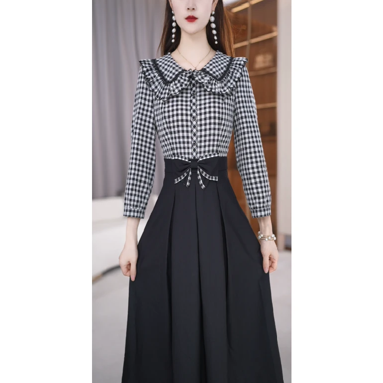 【连衣裙】秋季设计感娃娃领时尚修身显瘦收腰连衣裙M-4XL