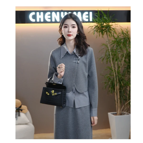 CYM1139休闲运动服套装女2024春秋新款假两件拼接上衣裙子两件套