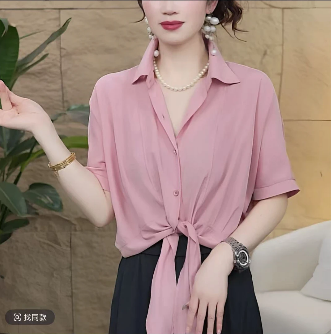 时尚翻领系带短袖衬衫2025女装纯色收腰薄款上衣减龄气质女人味