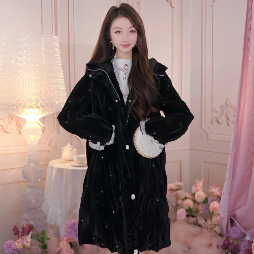 2025朝峰新款黑色丝绒外套羽绒服气质百搭CFF5I116-1068Y