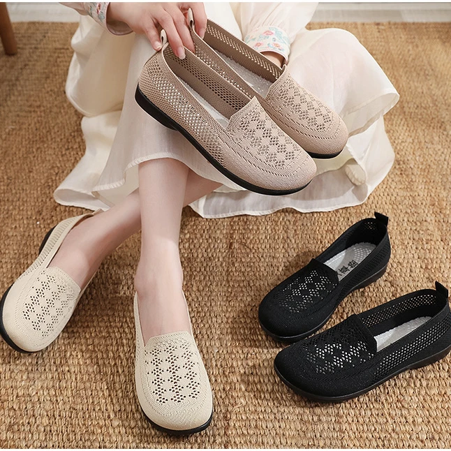 夏季透气软底妈妈鞋套脚单鞋休闲百搭平底洞洞浅口女鞋老北京布鞋