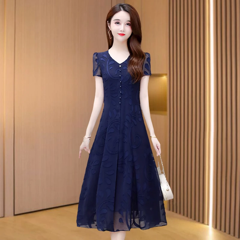 拉夏贝尔雪纺连衣裙夏季2025新款轻奢高级感气质奢华妈妈品牌裙子