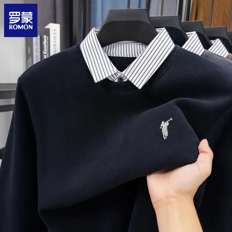 罗蒙高级感含绵羊毛男士加绒加厚假两件卫衣冬季新款刺绣内搭上衣