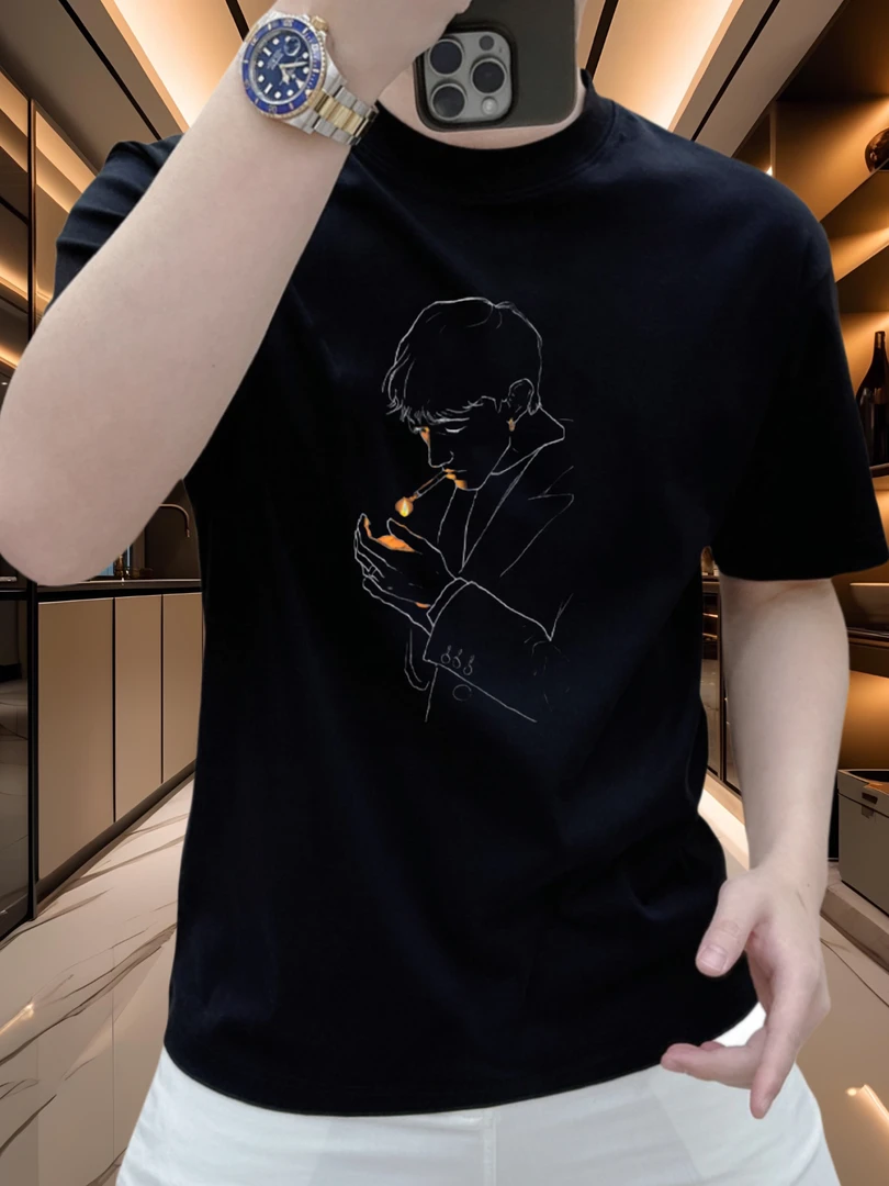 高级感男装线条帅哥印花纯棉重磅短袖男t恤时尚休闲百搭圆领上衣