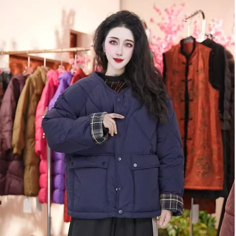 2025新款短款拼接棉衣菱格锁棉圆领ins棉服时尚百搭韩版小个子款