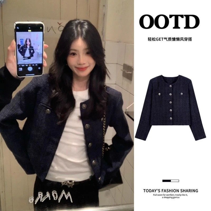 藏蓝色千金小香风外套女款早秋冬韩系正肩短款夹克上衣巨好看穿搭