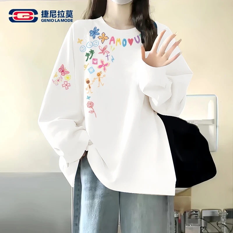 【敖瑞鹏代言】捷尼拉莫纯棉长袖t恤女2025新款秋季小众设计感上衣