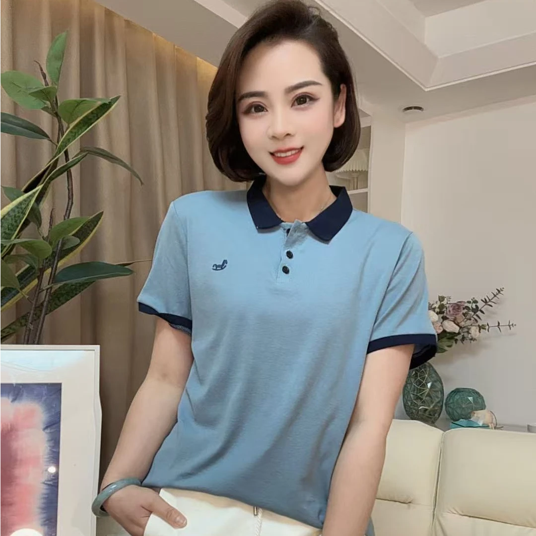 （周周）衬衫领设计感时尚百搭短袖显瘦上衣款女大码Polo领撞色宽松