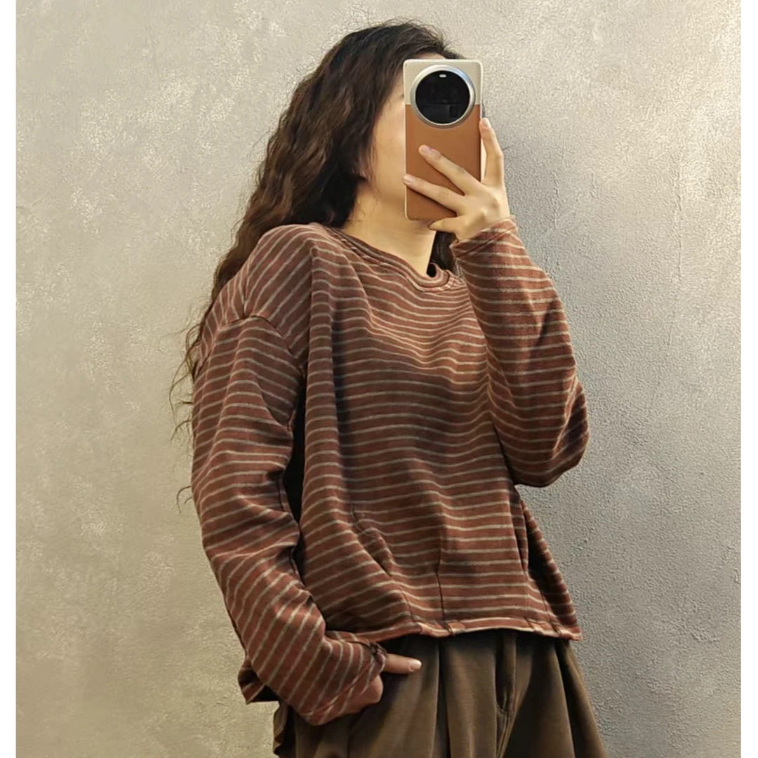 春季新款打褶炒色做旧条纹卫衣前55后58