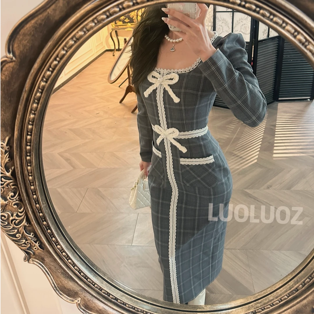 LUOLUOZ【赫利美院】高级时尚花边拼接蝴蝶结收腰长款连衣裙JF1155