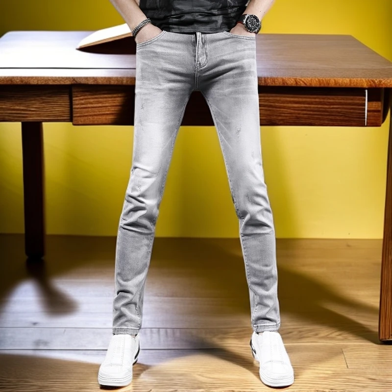维斯克纳烟灰色牛仔裤男夏季薄款新款修身小脚弹力百搭休闲裤子男